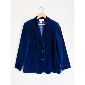 Personal Vintage Navy Blue Velvet Blazer Jacket Womens Two Button Professional‎